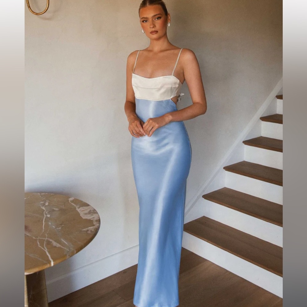 Peppermayo Exclusive - Just Perfection Satin Maxi Dress - Ice Blue